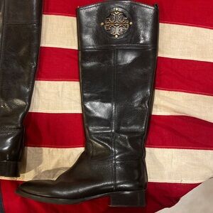 Tory Burch 8M Boots Black Heeled Boot Zip Gold Leather EUC
